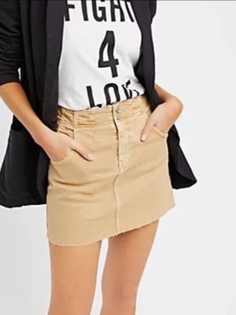Free People Womens Corsette Skirt Sz 4 Tan Denim Mini Buckle Back Boho Raw Hem